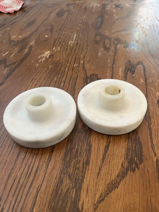 Other - Pair Of Vintage White Marble Candle Holders With Round Base And Centered Tapered